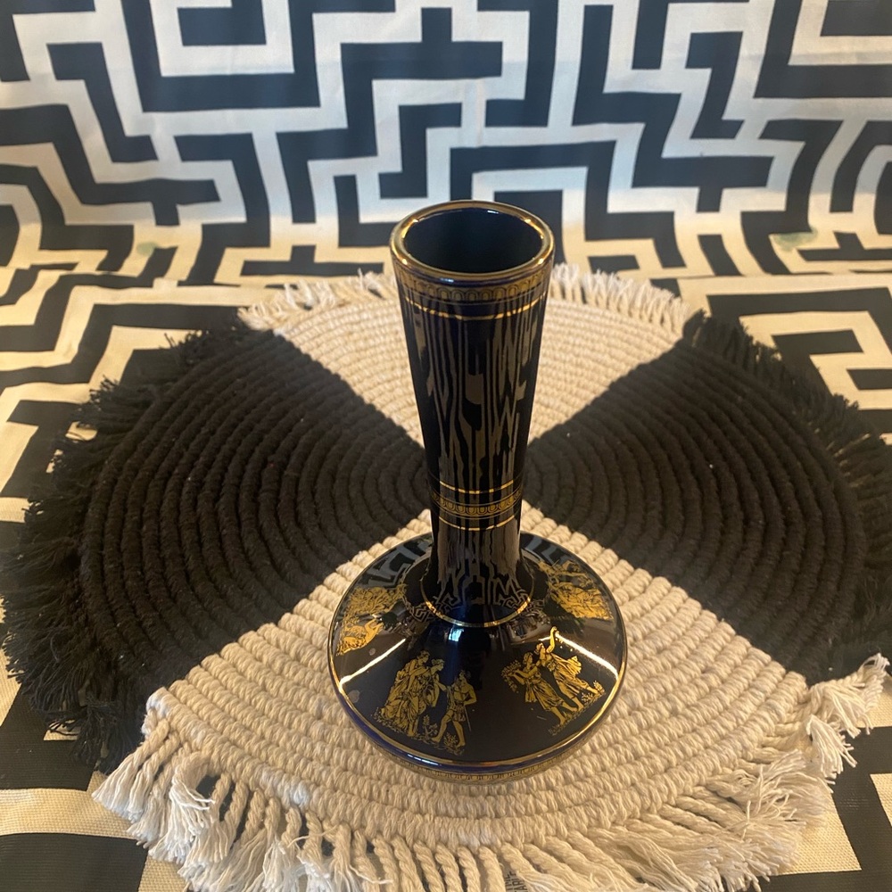 Vintage Spyropoulos Greek cobalt blue/black with 24k gold detail bud vase.